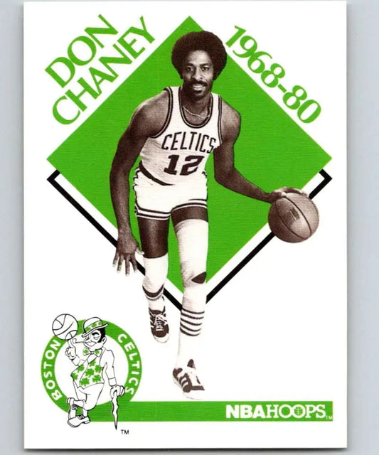 Basketball player in Boston Celtics jersey dribbling, featuring Don Chaney Houston Rockets card