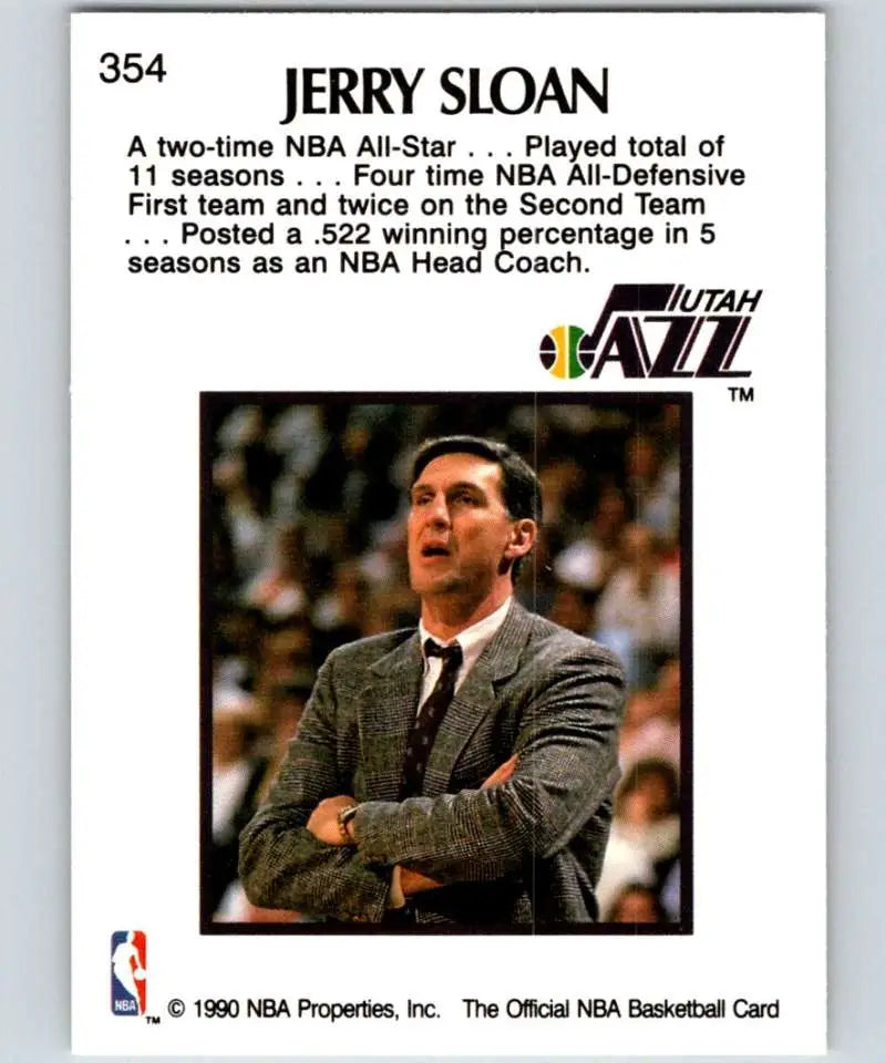 Basketball trading card of Jerry Sloan in a grey suit for 1990-91 Hoops Utah Jazz