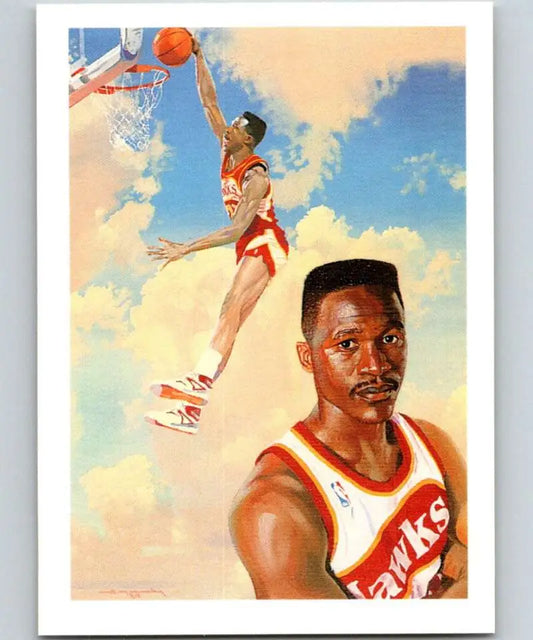 Artistic painting of Dominique Wilkins in Atlanta Hawks uniform performing a slam dunk