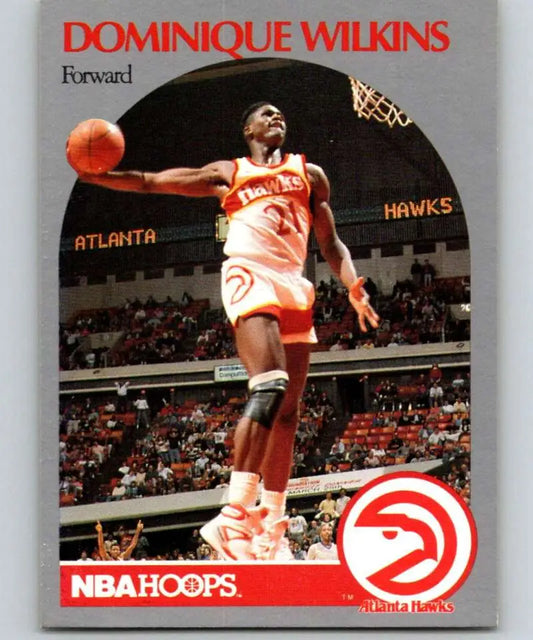 Dominique Wilkins soaring for a dunk in Atlanta Hawks uniform on basketball card