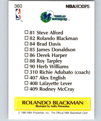 Back side of a 1990 NBA basketball card featuring Dallas Mavericks roster and Rolando Blackman