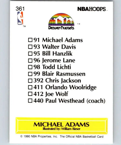 Back side of 1990 NBA Hoops basketball card featuring Denver Nuggets team checklist