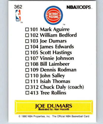 Back of 1990-91 Hoops Joe Dumars Detroit Pistons basketball card team checklist