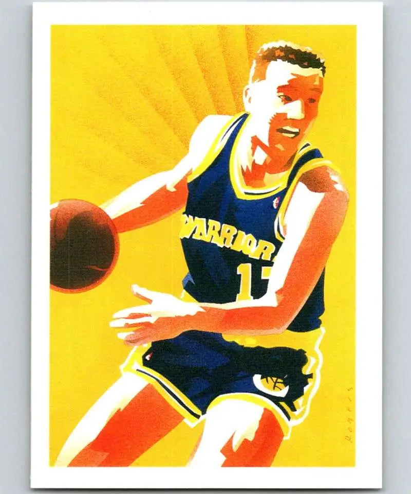 Stylized basketball player in Golden State Warriors uniform dribbling the ball, Chris Mullin