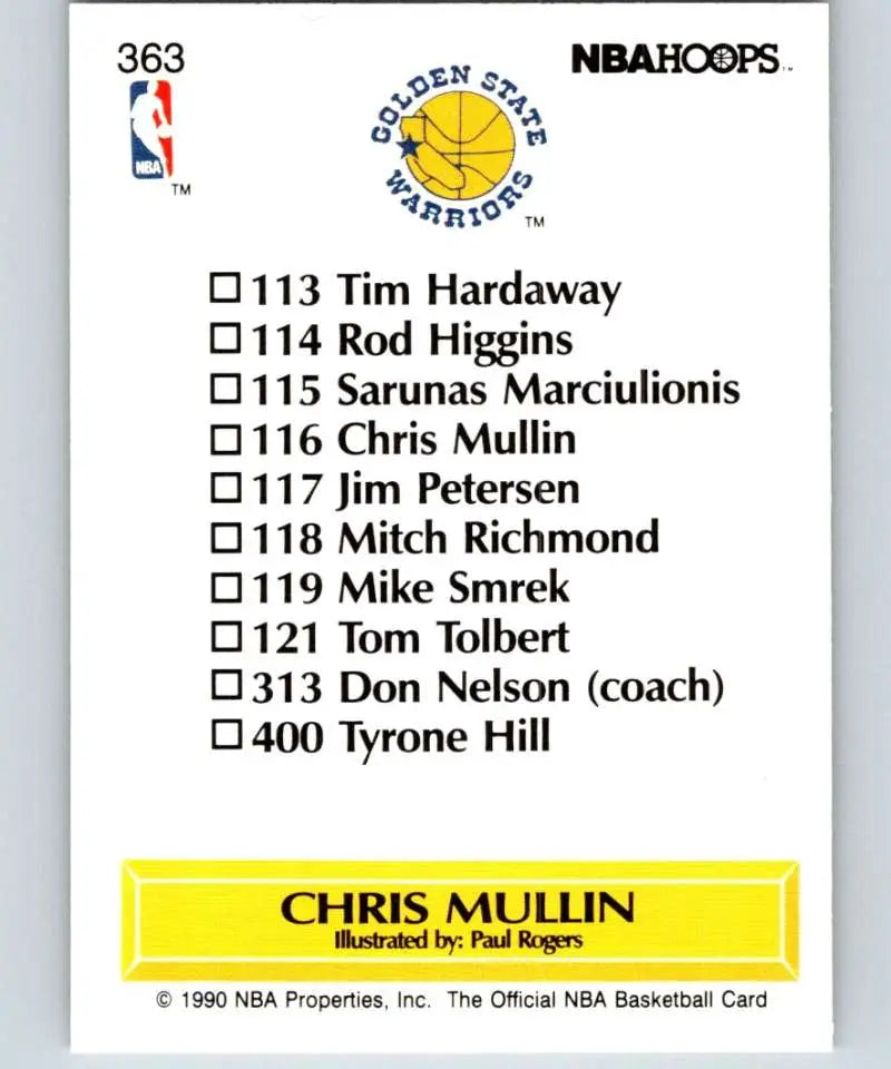 Back of 1990 Golden State Warriors basketball card showcasing player roster including Chris Mullin