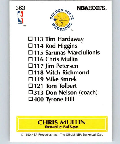 Back of 1990 Golden State Warriors basketball card showcasing player roster including Chris Mullin