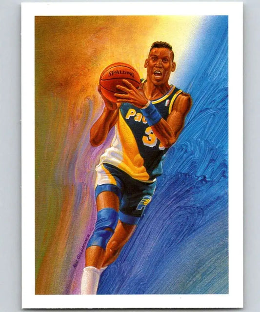 Artistic painting of Reggie Miller in Pacers uniform driving to the basket on basketball card