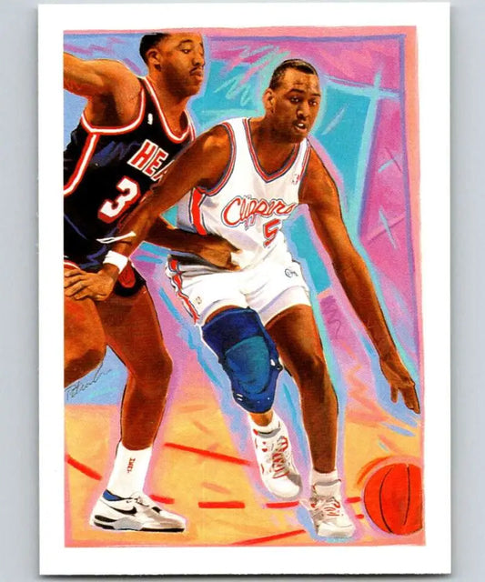 Artistic basketball illustration of players in action, showcasing Los Angeles Clippers star Danny Manning