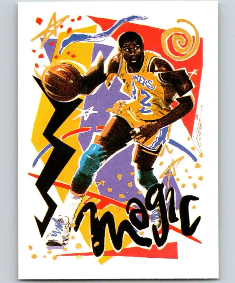 Dynamic basketball player in yellow Lakers jersey showcasing Magic Johnson trading card