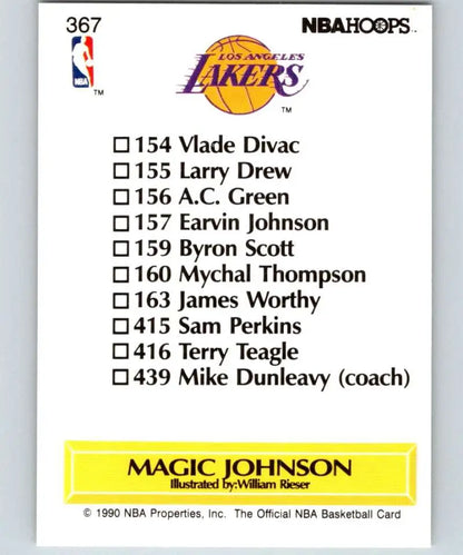 Back of 1990-91 Hoops Magic Johnson trading card with Los Angeles Lakers team checklist