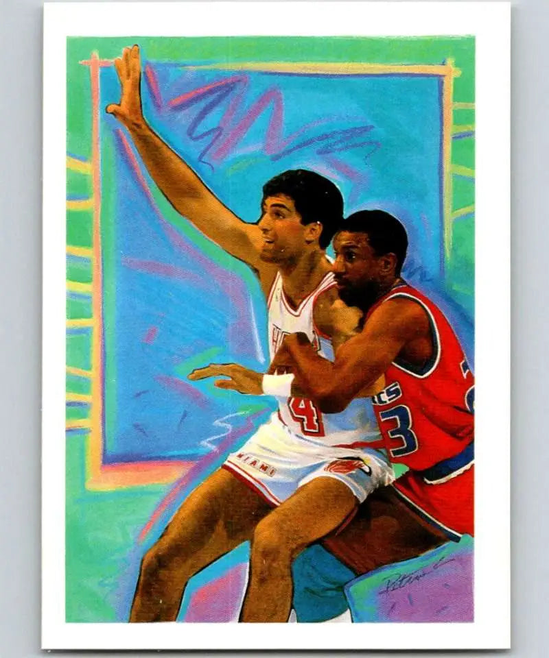 Colorful painting of Rony Seikaly in action on Miami Heat basketball card art