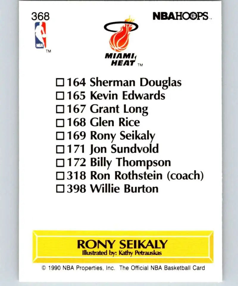 Back of 1990-91 Hoops Rony Seikaly Miami Heat basketball card team checklist