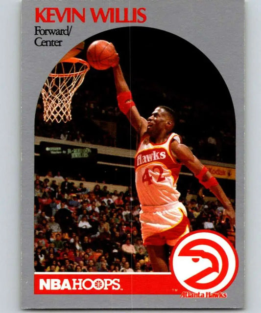 A basketball player in an Atlanta Hawks uniform slam dunks on a Kevin Willis card