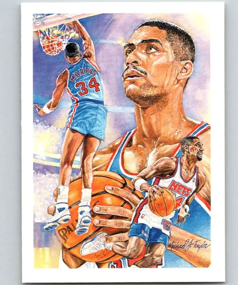 Artistic basketball illustration of Chris Morris in New Jersey Nets uniform on a card