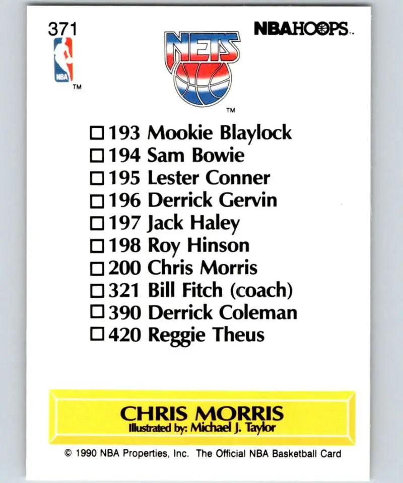 Back of 1990-91 Hoops Chris Morris Basketball Card featuring New Jersey Nets player checklist