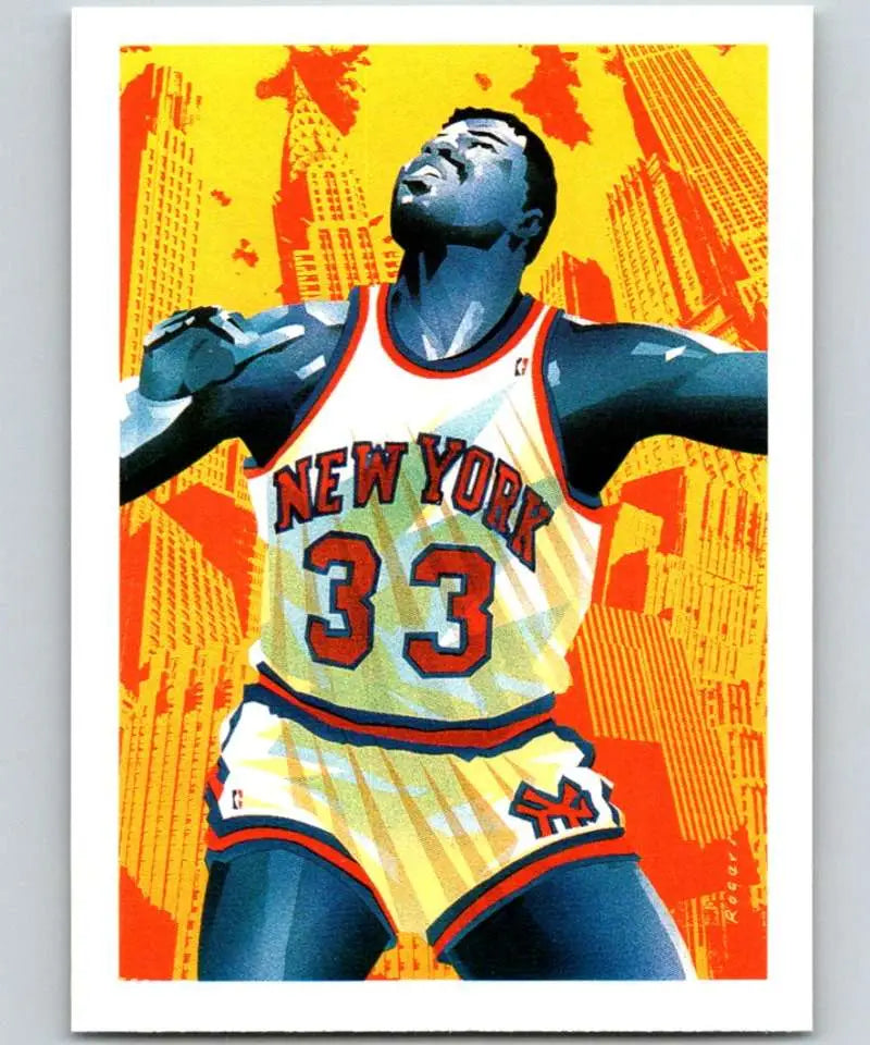 Stylized basketball player in New York Knicks jersey showcasing Patrick Ewing’s athleticism