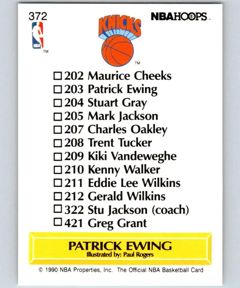 NBA Hoops basketball card checklist featuring Patrick Ewing and New York Knicks players