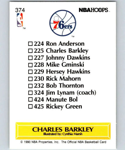 NBA Hoops basketball card checklist featuring Charles Barkley and Philadelphia 76ers players