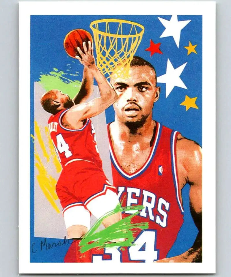 Basketball-themed artwork of Charles Barkley in Philadelphia 76ers jersey number 34