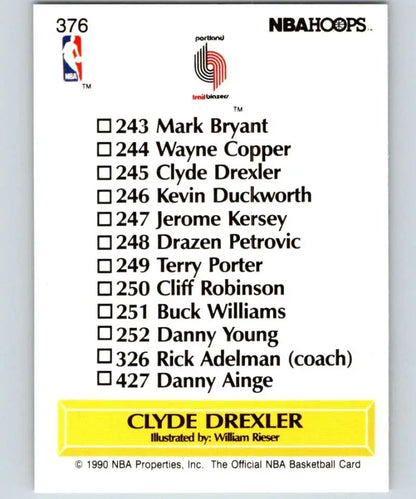 Back of 1990 NBA Hoops basketball card featuring Clyde Drexler and Portland Trail Blazers