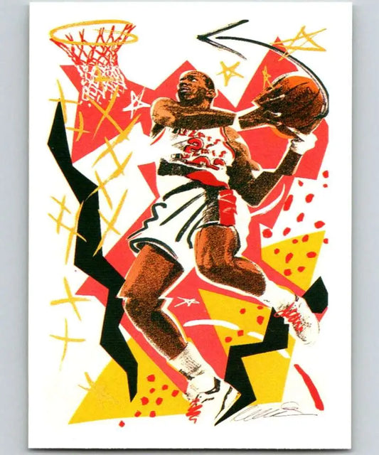 Dynamic illustration of Clyde Drexler leaping towards the hoop on a Portland Trail Blazers basketball card