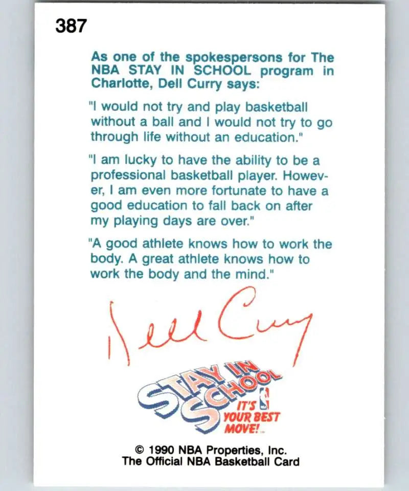 Basketball trading card of Dell Curry with Stay in School message and NBA logo