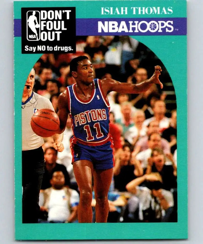 Isiah Thomas 1990-91 Hoops basketball card featuring Detroit Pistons player in blue jersey