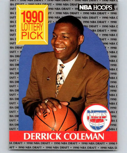 1990-91 basketball card of Derrick Coleman in suit, representing Jersey Nets