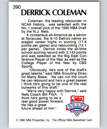 Vintage 1990 NBA Basketball Card of Derrick Coleman New Jersey Nets Rookie Edition