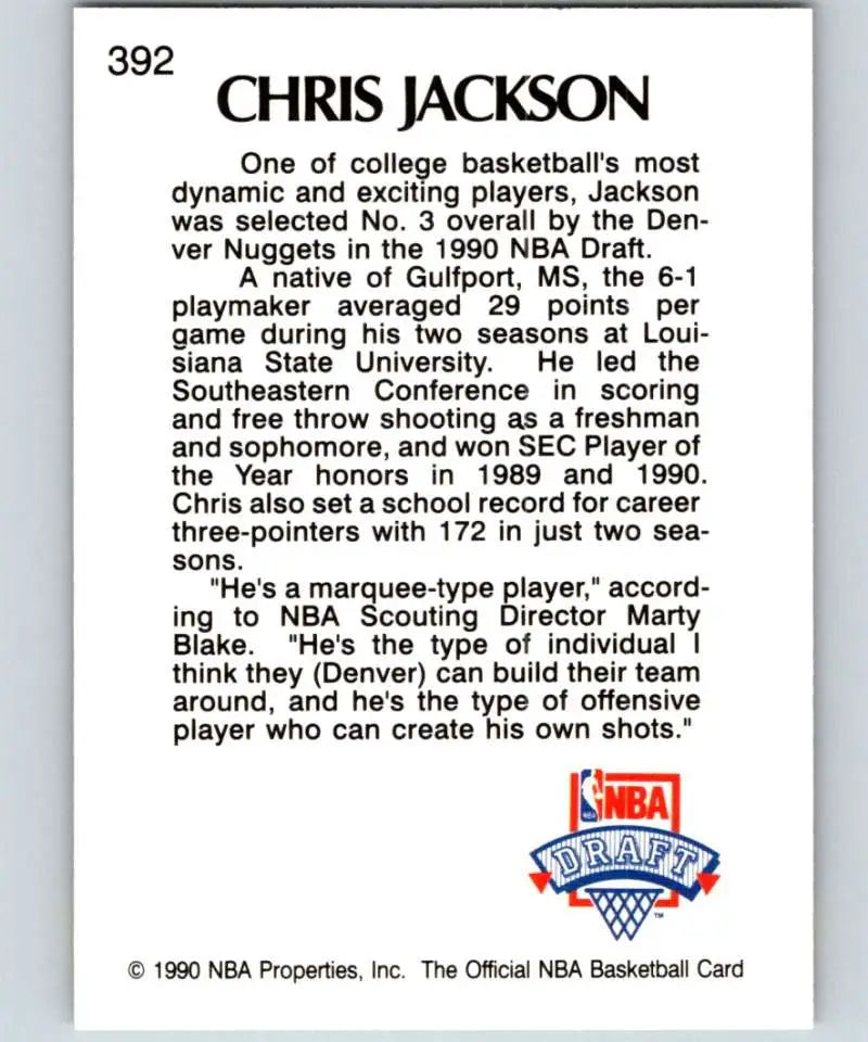 Basketball card featuring Chris Jackson from the Denver Nuggets 1990 NBA collection