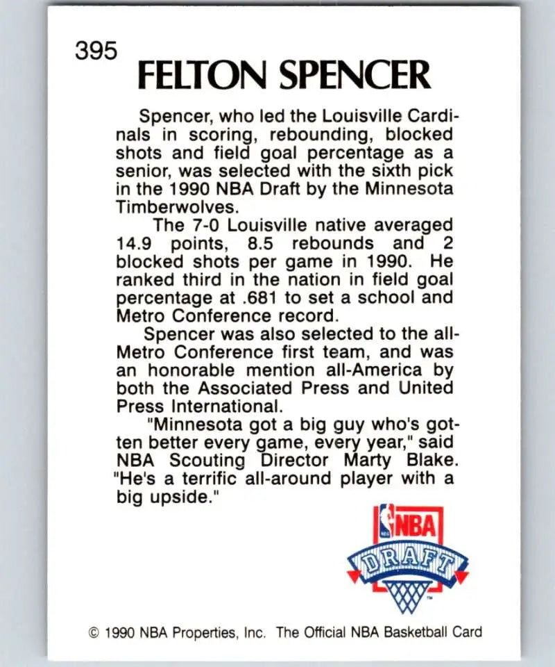 Basketball trading card featuring Felton Spencer Rookie Minnesota Timberwolves statistics