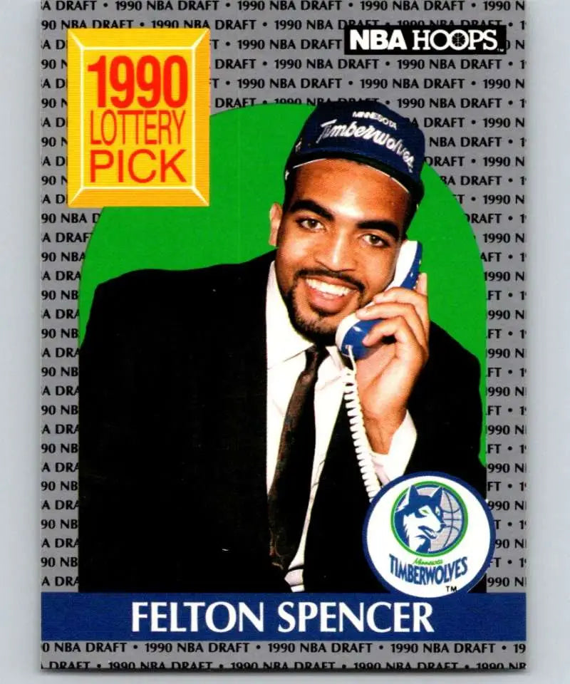 1990 NBA Draft Felton Spencer Rookie Minnesota Timberwolves Basketball Card in suit and cap