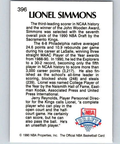 Basketball trading card of Lionel Simmons with career stats from Sacramento Kings rookie season