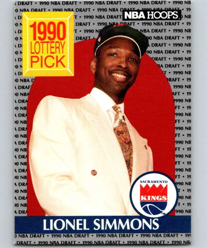 Basketball trading card of Lionel Simmons, rookie Sacramento Kings player in white suit