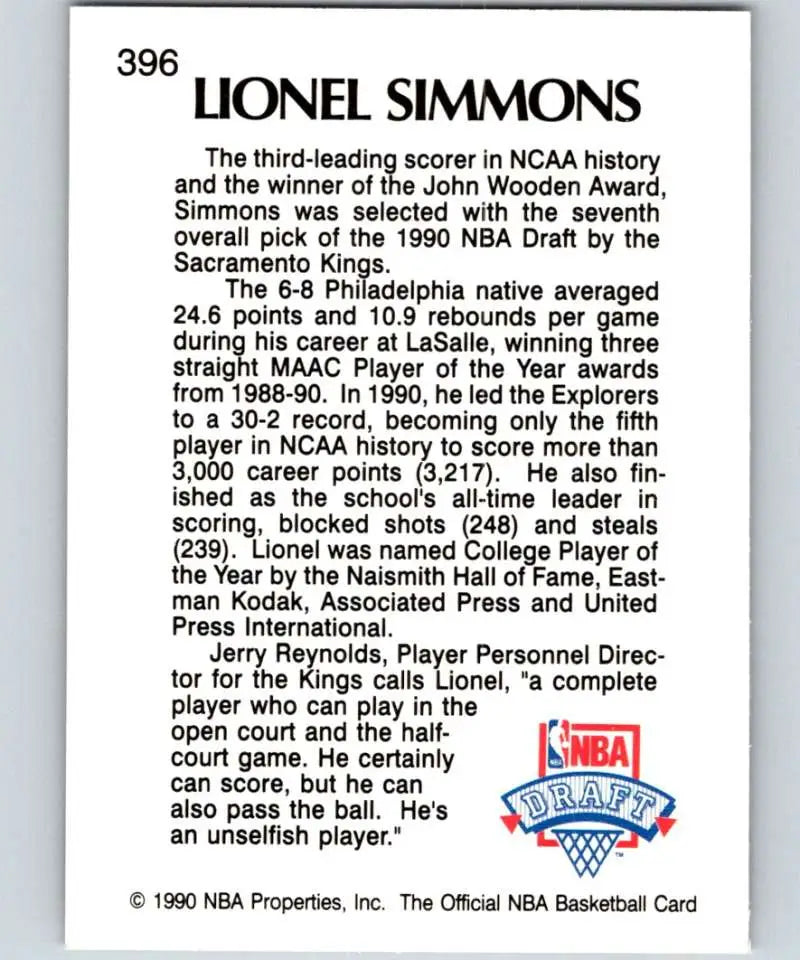 Basketball trading card of Lionel Simmons with career stats from Sacramento Kings rookie season