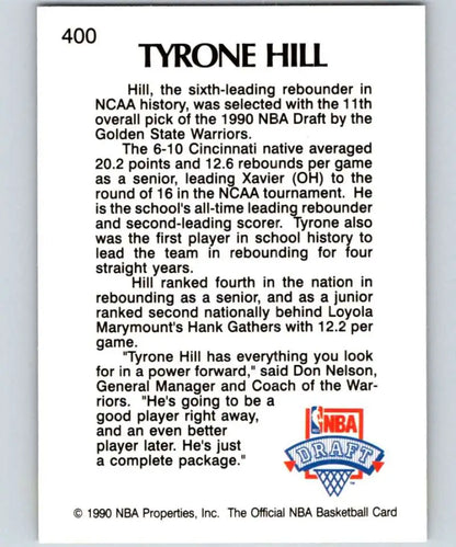 NBA trading card of Tyrone Hill featuring Golden State Warriors stats and biography