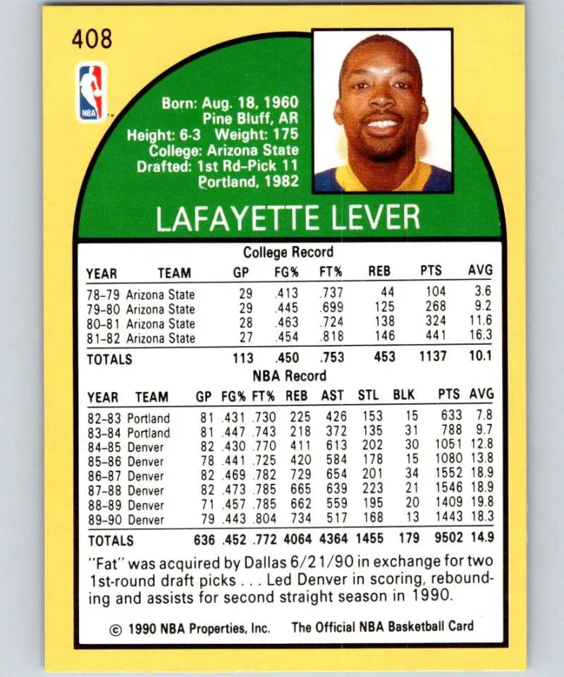 1990 NBA Basketball Card of Lafayette Lever from the Dallas Mavericks featuring player stats