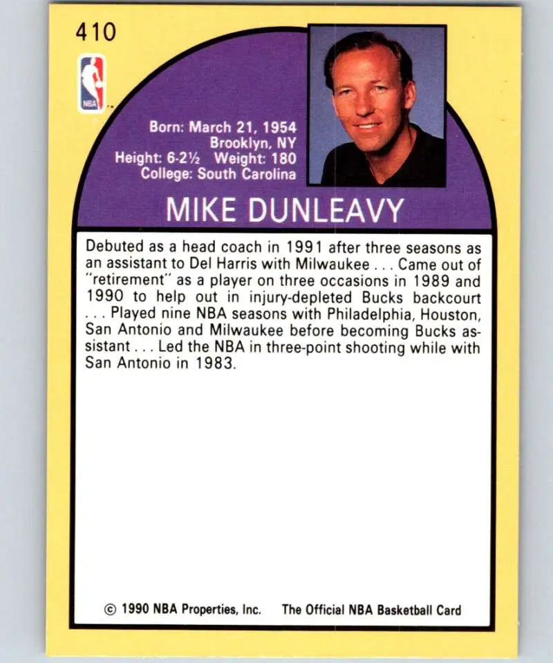 NBA trading card of Mike Dunleavy from 1990 with Los Angeles Lakers statistics