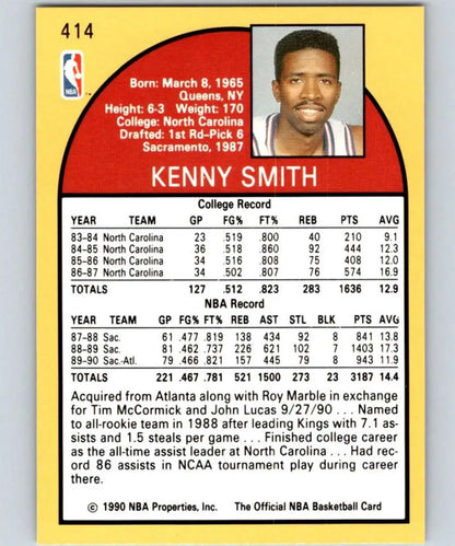 1990 NBA trading card of Kenny Smith, Houston Rockets player, featuring Tar Heels and Kings