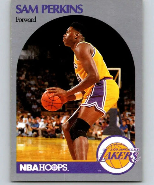 NBA Hoops basketball card of Sam Perkins in a Los Angeles Lakers jersey preparing to shoot