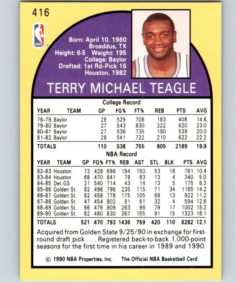 1990-91 Hoops #416 Terry Teagle Basketball Card featuring Los Angeles Lakers player stats