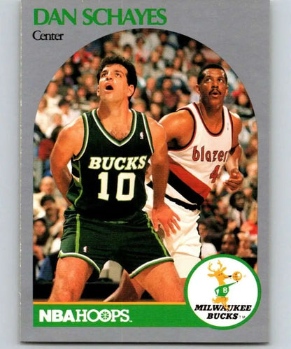 Vintage NBA Hoops card of Danny Schayes in action for Milwaukee Bucks basketball