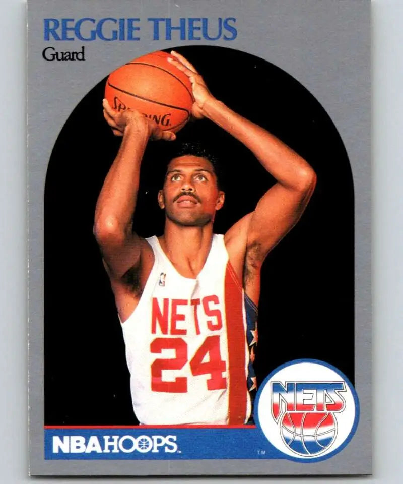 Basketball trading card of Reggie Theus in shooting pose for New Jersey Nets