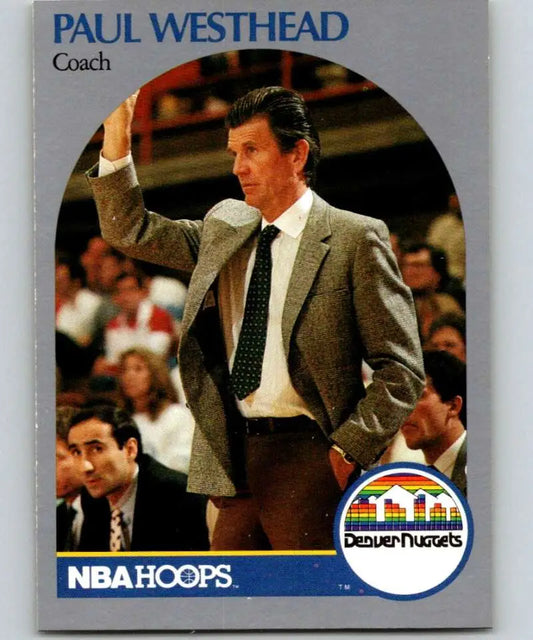 Basketball card of Paul Westhead in a tan suit coaching the Denver Nuggets