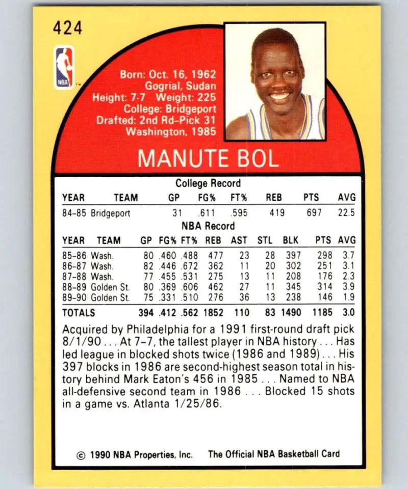 1990-91 Hoops #424 Basketball Card of Manute Bol from the Philadelphia 76ers