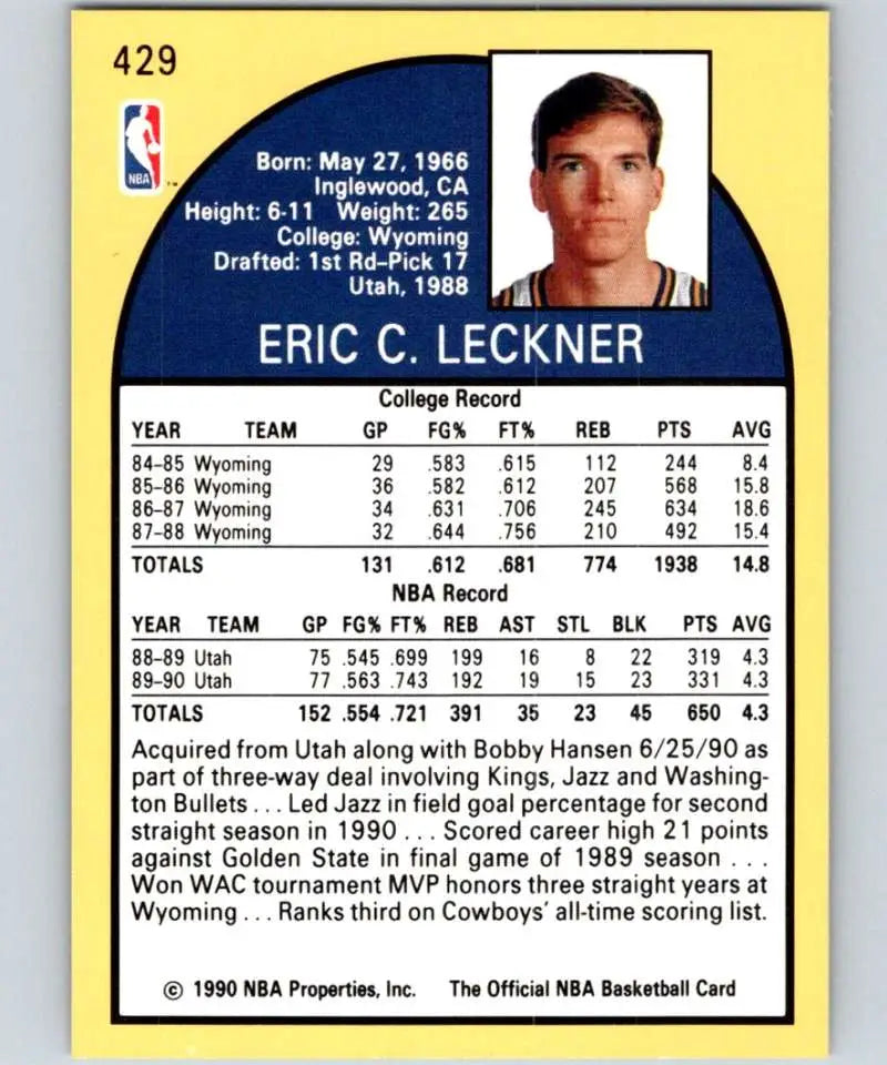 1990-91 Hoops Eric Leckner Basketball Card featuring Sacramento Kings stats and info