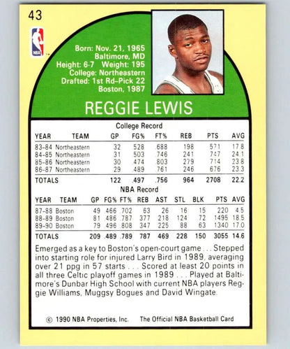 1990-91 Hoops #43 Reggie Lewis Boston Celtics Basketball Card with stats and bio info