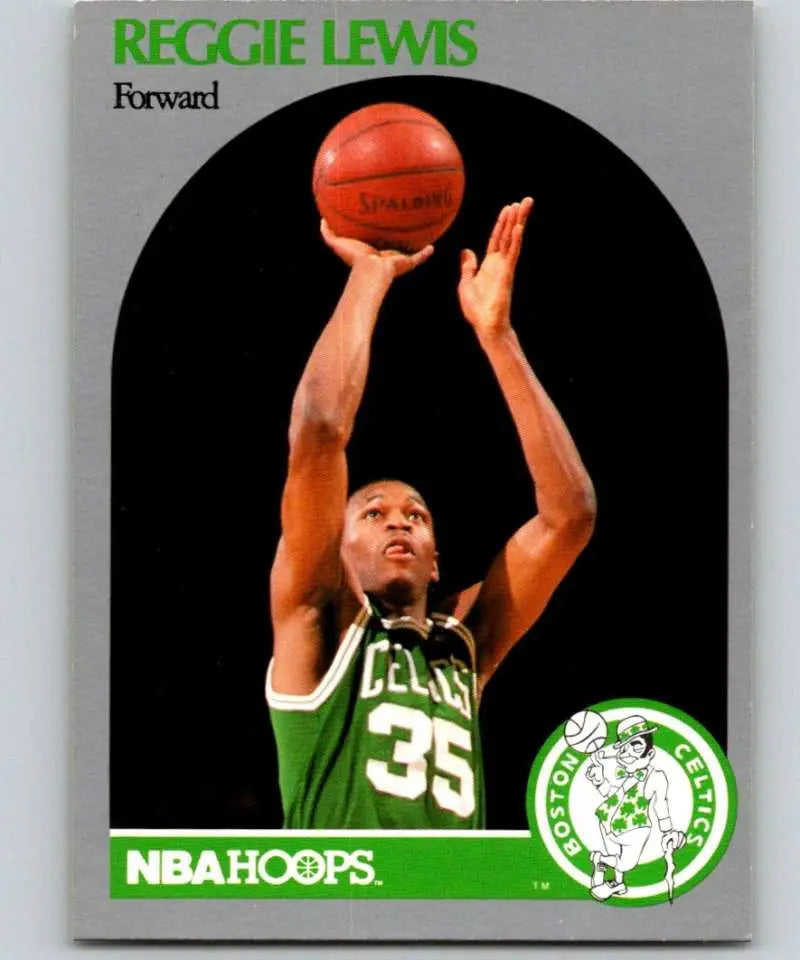 Basketball card of Reggie Lewis in Boston Celtics jersey #35 shooting a basketball