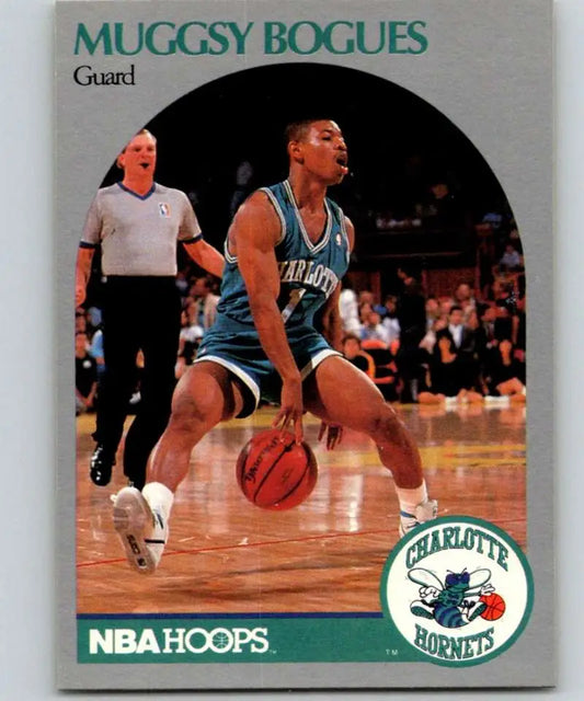 Muggsy Bogues dribbling in teal uniform on Charlotte Hornets basketball trading card