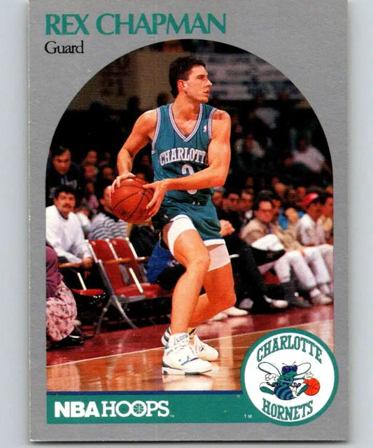 Rex Chapman dribbling in teal uniform on Charlotte Hornets basketball card